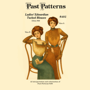 Early 1910s Tucked Waist Downloads – Colorized Edwardian blouse pattern showing two women wearing tucked lace-trimmed blouses in period-correct tones.