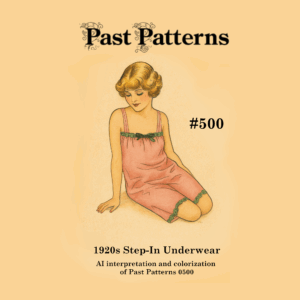 1920s Step-In Underwear Downloads – colorized illustration of flapper-era chemise in pink with green lace trim based upon original Past Patterns 0500 artwork.