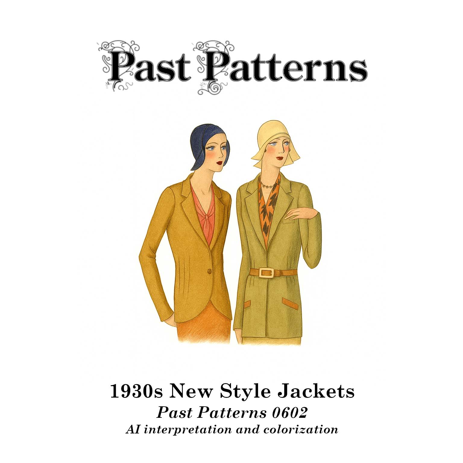 1930s New Style Jackets Downloads featuring two women’s jackets in mustard and olive tones, digitally colored from original Past Patterns 0602 sewing pattern.