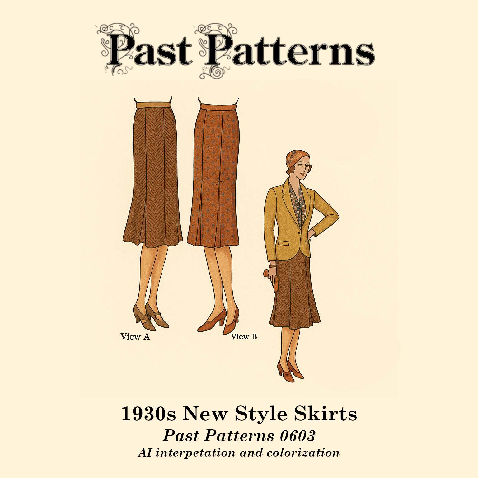 Colorized illustration of the 1930s New Style Skirts Sewing Pattern featuring View A in brown herringbone, View B in rust with blue polka dots, and a model wearing Skirt No. 603 View A with a mustard jacket and orange cloche hat. Based upon original 0603 artwork.