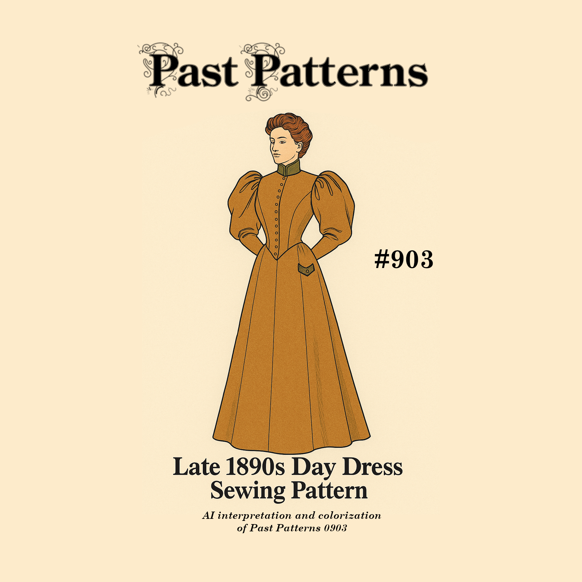 Colorized illustration of the 1890s Day Dress Downloads sewing pattern by Past Patterns 903, featuring a high-neck, front-buttoned gown with full sleeves and pointed waistband, styled in Victorian-era golden brown tones.