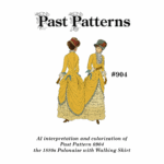 1880s Polonaise with Walking Skirt Downloads | Past Patterns 0904 Colorized illustration of the 1880s Polonaise with Walking Skirt Downloads sewing pattern by Past Patterns, featuring two Victorian women in golden-yellow polonaise dresses with lace ruffles, decorative blue sashes, and period-accurate hats based upon original 0904 artwork.