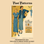 Prohibition Era Two-piece Dress with Jacket Downloads | Past Patterns 1208B Colorized cover illustration of Prohibition Era Two-piece Dress with Jacket Downloads, featuring two women in coordinated 1930s outfits—one in a short-sleeved blue dress, the other in a matching skirt and plaid blouse with blue jacket and hat. Includes Du Barry branding and the tagline "Smart Patterns for Smart Women."