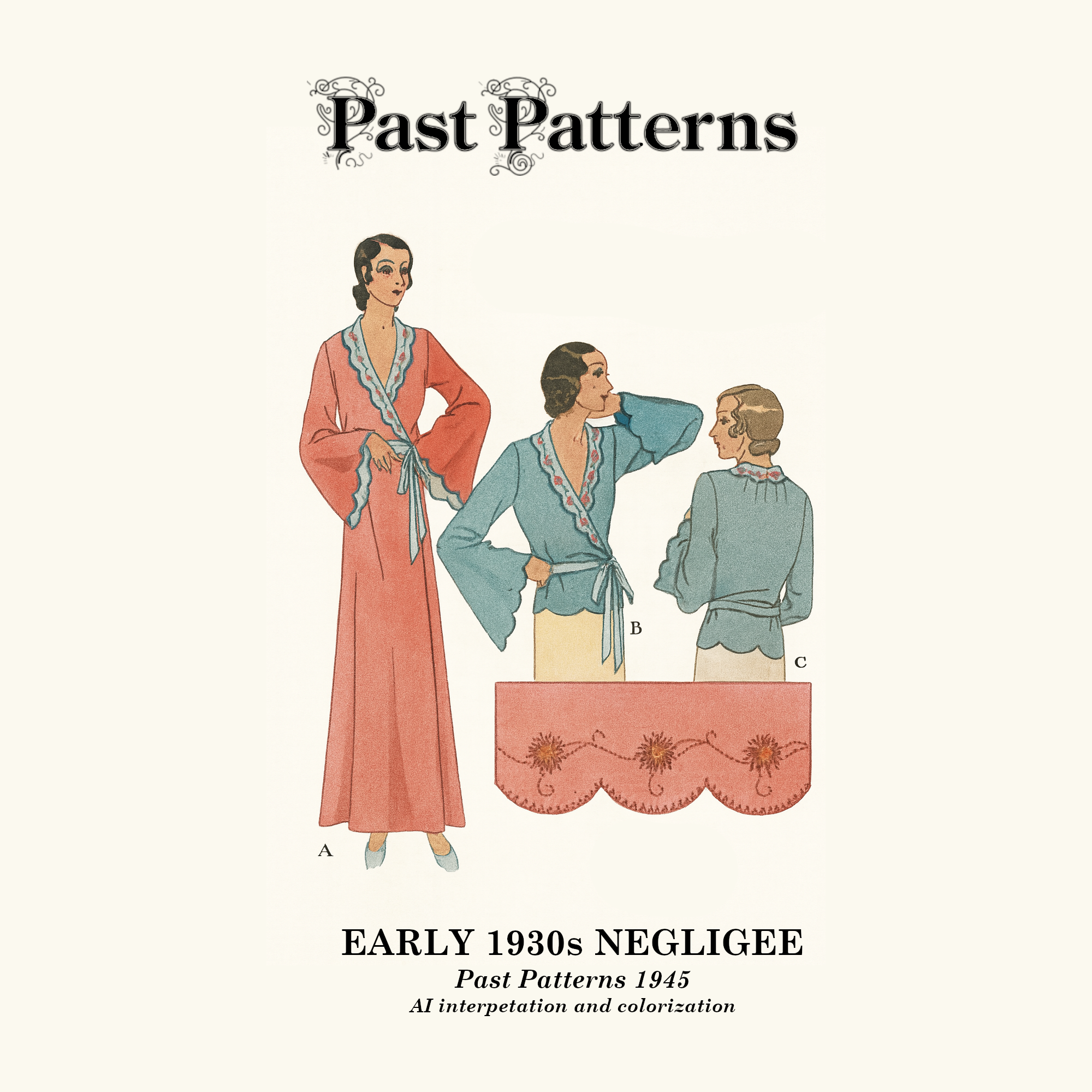 Early 1930s Negligee Downloads illustration showing pink floor-length negligee and blue bed jacket with scalloped trim, based on original McCall pattern. Colorized artowrk based upon original McCall art.