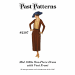 Colorized illustration of Mid 1920s One-piece Dress with Vest Front from Past Patterns 2307, featuring a brown dress with beige vest front, gold buttons, black belt, and navy wide-brimmed hat