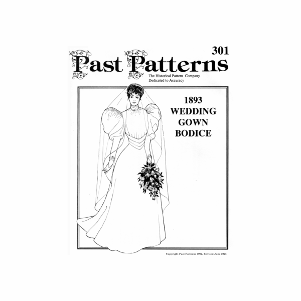Illustration of the Early 1890s Wedding Gown Bodice Sewing Pattern showing leg-o-mutton sleeves, high neckline, and pointed waist in 1893 bridal style.