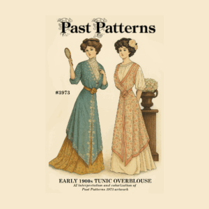 Colorized illustration of the Early 1900s Tunic Overblouse Downloads showing two Edwardian women in floral and bordered tunics styled with belts and lace details.