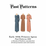 Early 1910s Princess Apron Downloads | Past Patterns 5998 Colorized illustration of the Early 1910s Princess Apron pattern, showing three full-length aprons in blue, brown, and pink with period-accurate collars and sleeves based on original artwork.