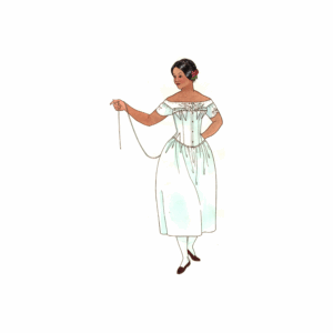 Colorized line art of corset made using 1850s Corset Downloads by Past Patterns, showing front view with gores, embroidery, and mid-century lacing details.