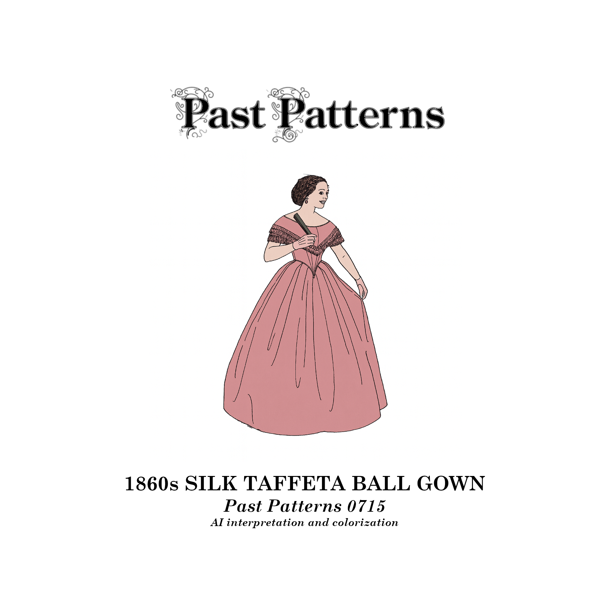 Colorized illustration of an 1860s Silk Taffeta Ball Gown Sewing Pattern showing a woman in a soft pink Victorian gown with dark pink fringe trim.