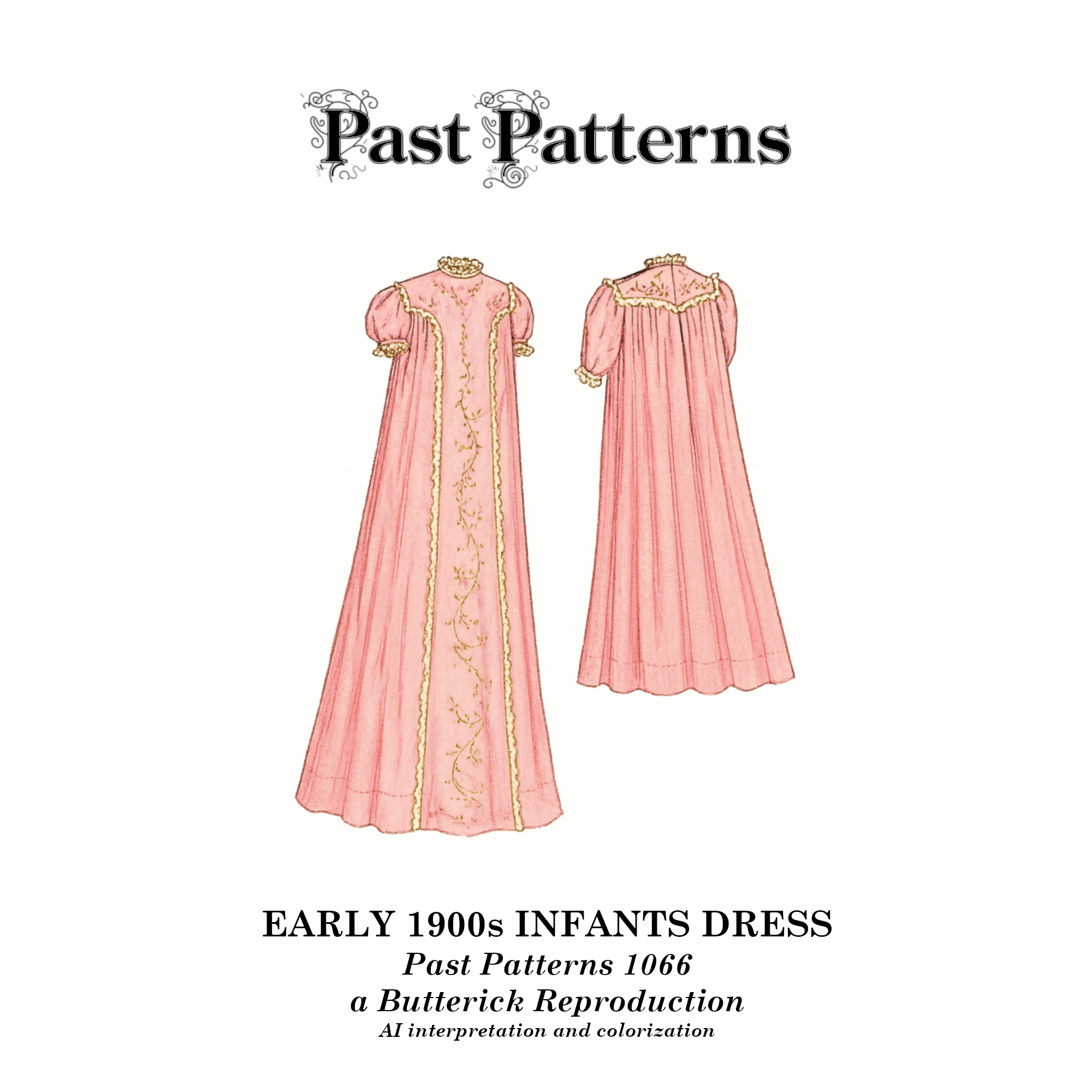 AI colorized illustration from Early 1900s Infants Dress Downloads showing Butterick design with gathered skirt, front panels, and lace-trimmed sleeves.