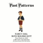 Colorized illustration of a young boy wearing garment built using the Early 1920s Bolero Suit downloads, Past Patterns 2323. The outfit includes a navy blue bolero jacket, cream shirt with red buttons, burgundy shorts, and black socks and shoes.