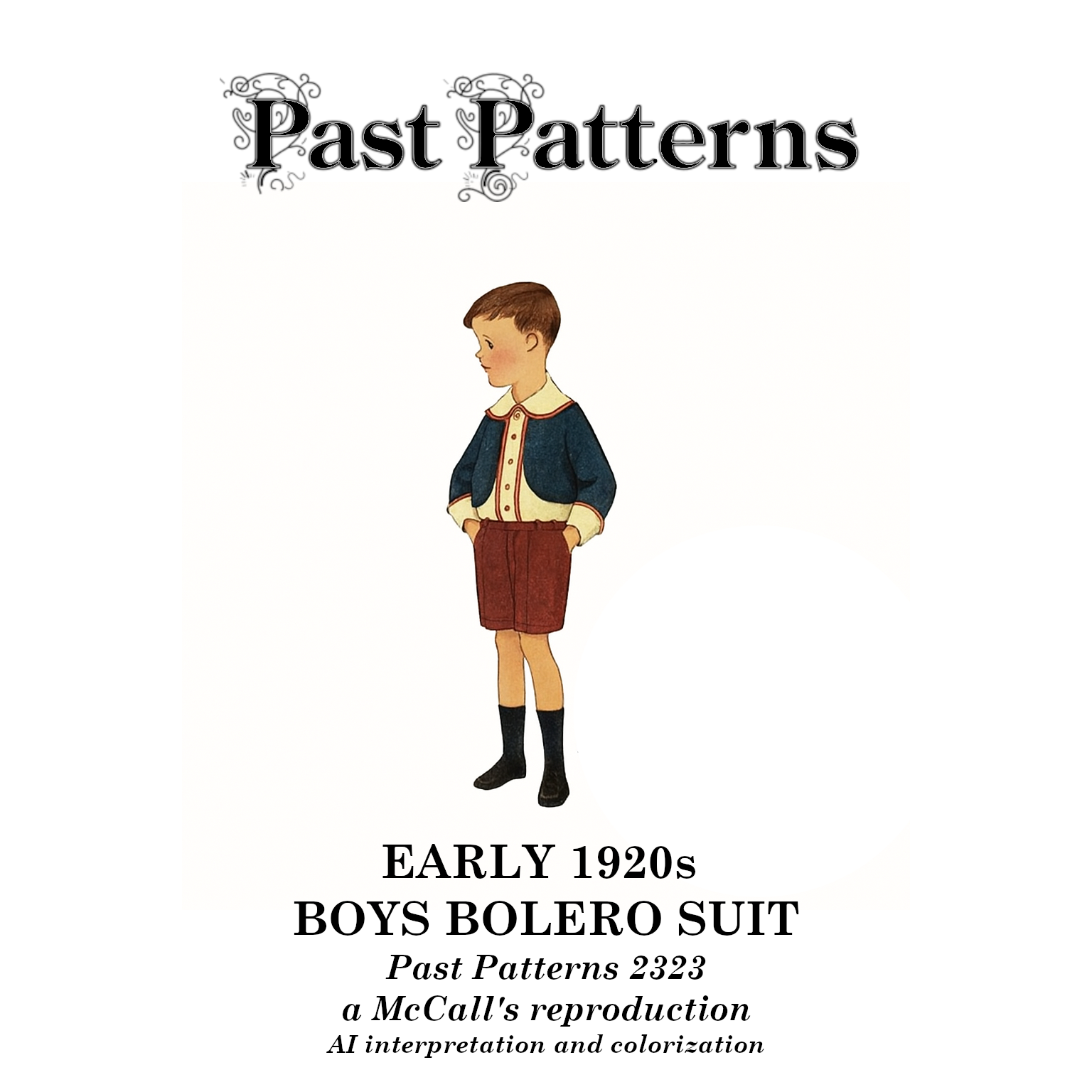 Colorized illustration of a young boy wearing garment built using the Early 1920s Bolero Suit downloads, Past Patterns 2323. The outfit includes a navy blue bolero jacket, cream shirt with red buttons, burgundy shorts, and black socks and shoes.