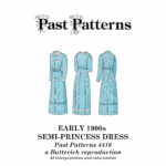 Early 1900s Semi-Princess Dress Downloads | Past Patterns 4416 Colorized illustration of the Early 1900s Semi-Princess Dress from Past Patterns 4416, shown in pale blue with white trim. Features include a high collar, bishop sleeves, fitted Gibson-style bodice, and six-gored skirt. Three views are displayed: front, back, and side-back.