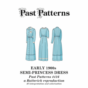 Colorized illustration of the Early 1900s Semi-Princess Dress from Past Patterns 4416, shown in pale blue with white trim. Features include a high collar, bishop sleeves, fitted Gibson-style bodice, and six-gored skirt. Three views are displayed: front, back, and side-back.