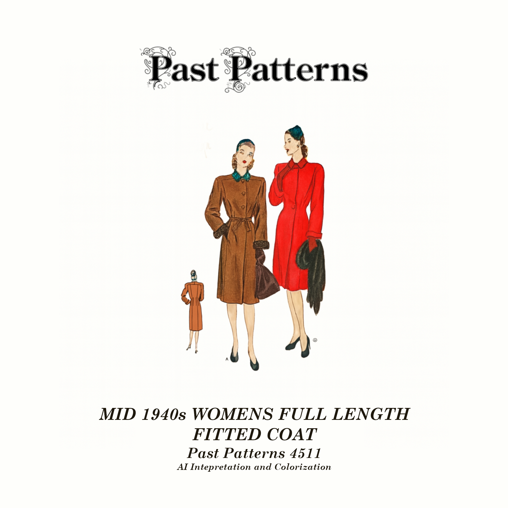 Colorized line art based on original Vogue envelope for Mid-1940s Womens Full Length Fitted Coat Sewing Pattern, featuring full-length tailored coat.