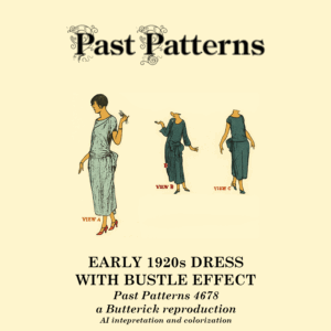AI colorized interpretation of artwork for Past Patterns 4678 Early 1920s Dress with Bustle Effect Downloads, a 1923 PDF sewing pattern featuring draped Basque and bustle-inspired skirt.