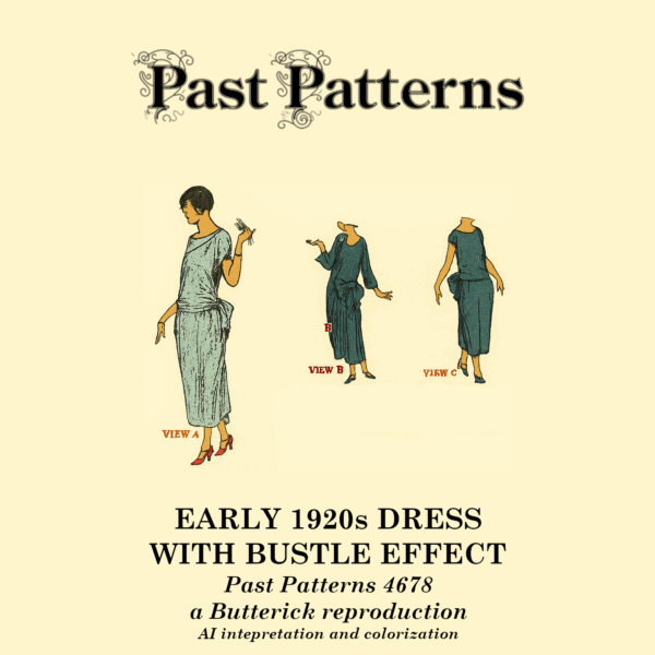 AI colorized interpretation of artwork for Past Patterns 4678 Early 1920s Dress with Bustle Effect Downloads, a 1923 PDF sewing pattern featuring draped Basque and bustle-inspired skirt.