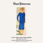 Late 1920s Bloused Dress Downloads | Past Patterns 5561 Colorized illustration of Past Patterns 5561, Late 1920s Bloused Dress Downloads, showing a woman in a cobalt blue dress with dropped waist and sash, styled with period-accurate 1920s bob and accessories.