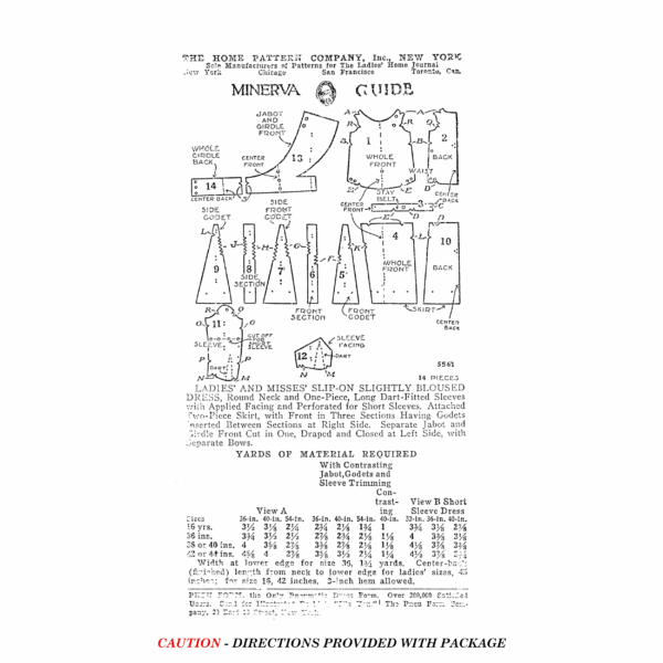Instruction chart for Past Patterns 5561, Late 1920s Bloused Dress Downloads. Single illustrated layout shows how pattern pieces fit together. No written instructions included—advanced sewing knowledge recommended.