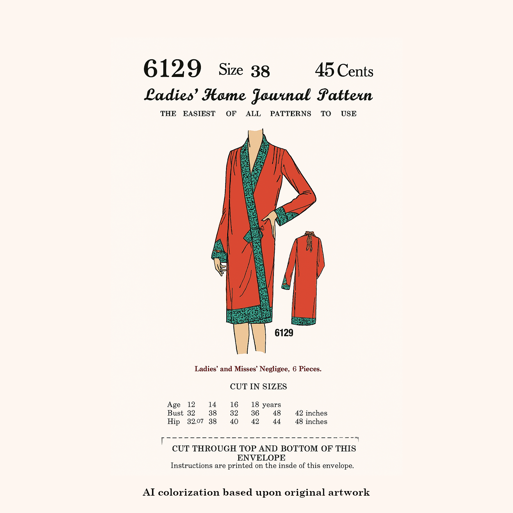 Colorized cover art for Late 1920s One-piece Wrap-around Negligee Downloads, showing flapper-era illustration with extended collar, sleeve, and hem band detailing.