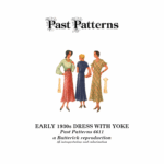 Early 1930s Dress with Waist Yoke Downloads | Past Patterns 6611 Colorized image for Past Patterns 6611, Early 1930s Dress with Waist Yoke Downloads, showing three women in period dresses: one in dusty rose and sage green, one in navy blue, and one in plaid green and ochre, with flared skirts and 1930s accessories.