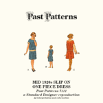 Mid 1920s Slip On One Piece Dress Sewing Pattern | Past Patterns 7111 Colorized illustration of Mid 1920s Slip On One Piece Dress Sewing Pattern, featuring three style variations for a 14-year-old girl, from Past Patterns 7111.