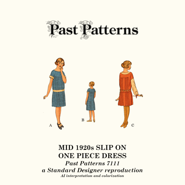 Colorized illustration of Mid 1920s Slip On One Piece Dress Sewing Pattern, featuring three style variations for a 14-year-old girl, from Past Patterns 7111.