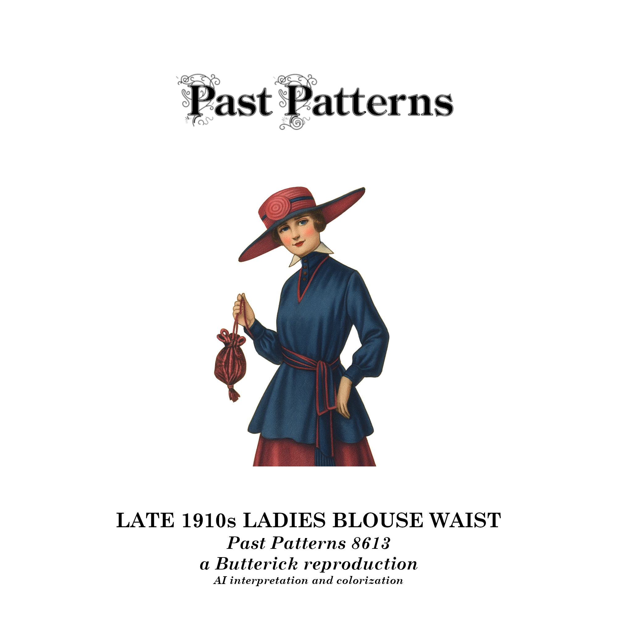 Colorized illustration of the Late 1910s Ladies Blouse Waist Downloads garment, based on a 1916 Delineator magazine image, featuring deep blue and rose tones from Past Patterns 8613.