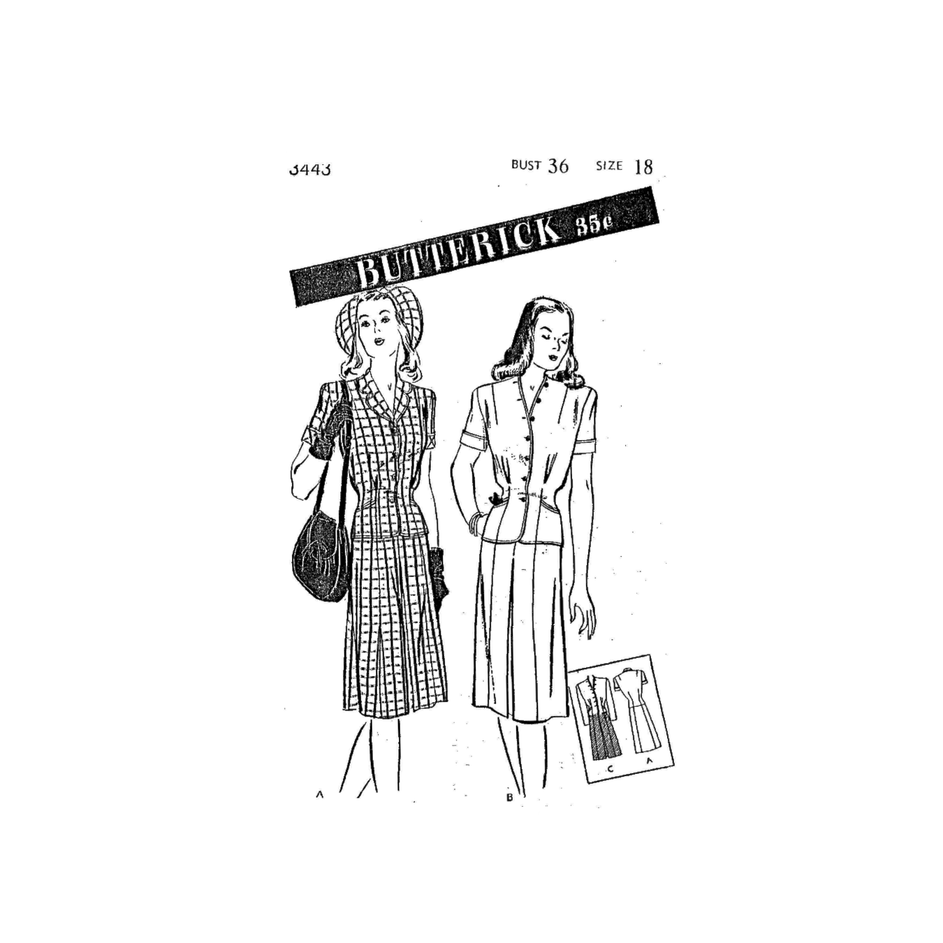 Black and white reproduction of Mid 1940s Misses Two-Piece Suit Dress Downloads, Butterick 3443 pattern cover showing jacket blouse and pleated skirt options.