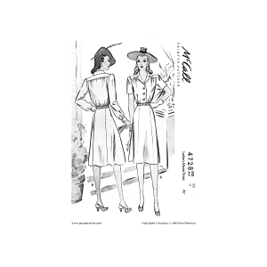 Early 1940s Button Front Dress Sewing Pattern black and white McCall cover illustration showing front and back dress views