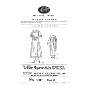Black and white reproduction of original cover for Early 20th Century Bungalow Apron Downloads, New Idea Pattern 8607 from 1919.