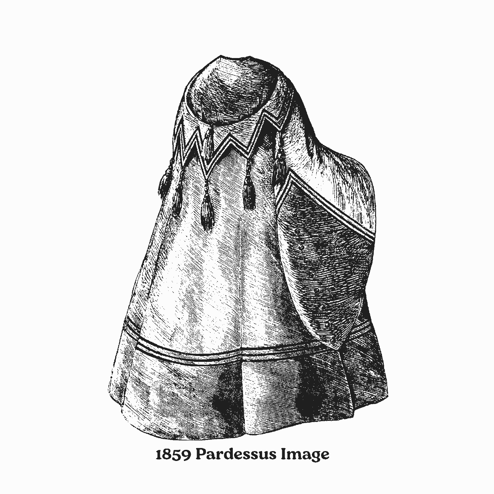 Black and white reproduction of an 1859 Victorian pardessus cloak showing mid-century outerwear styling from Godey’s Lady’s Book