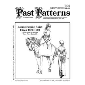 Victorian Equestrienne Riding Skirt Sewing Pattern illustration showing late Victorian side saddle riding habit skirt with draped panel and riding position detail
