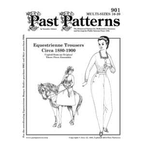 Victorian Equestrienne Riding Trousers Sewing Pattern illustration showing late Victorian riding habit trousers worn beneath a side saddle skirt